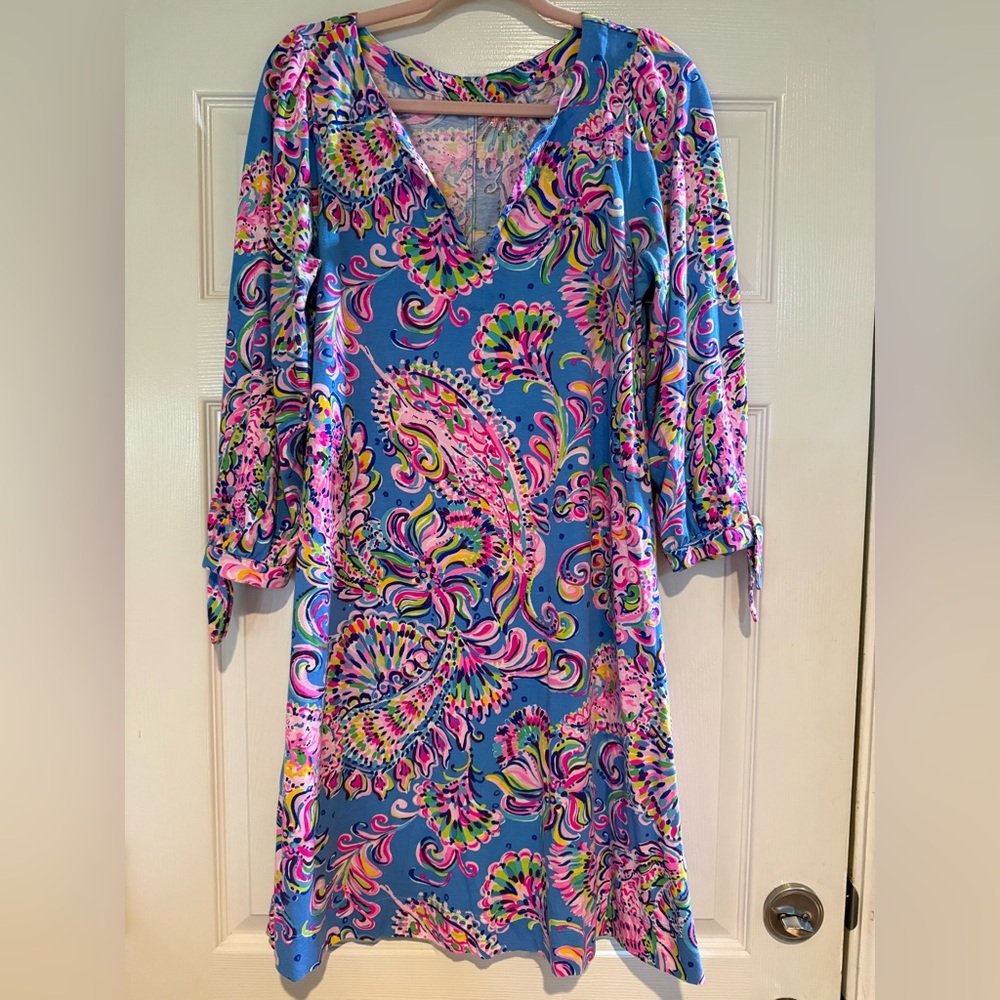 Lilly Pulitzer L Blue Pink Paisley Tunic Shift Dress Cotton 3/4 sleeves.